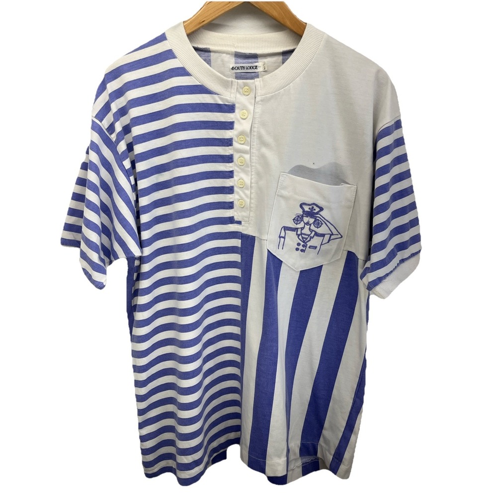 Vintage Embroidered Shirt, Sailor Striped Purple Button Up Women's Large